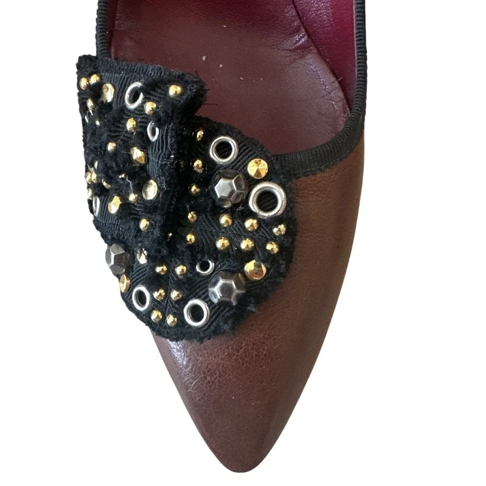 Prada Vintage Brown Leather Studded Grommet Bow Pumps Pointed Toe IT40 9.5